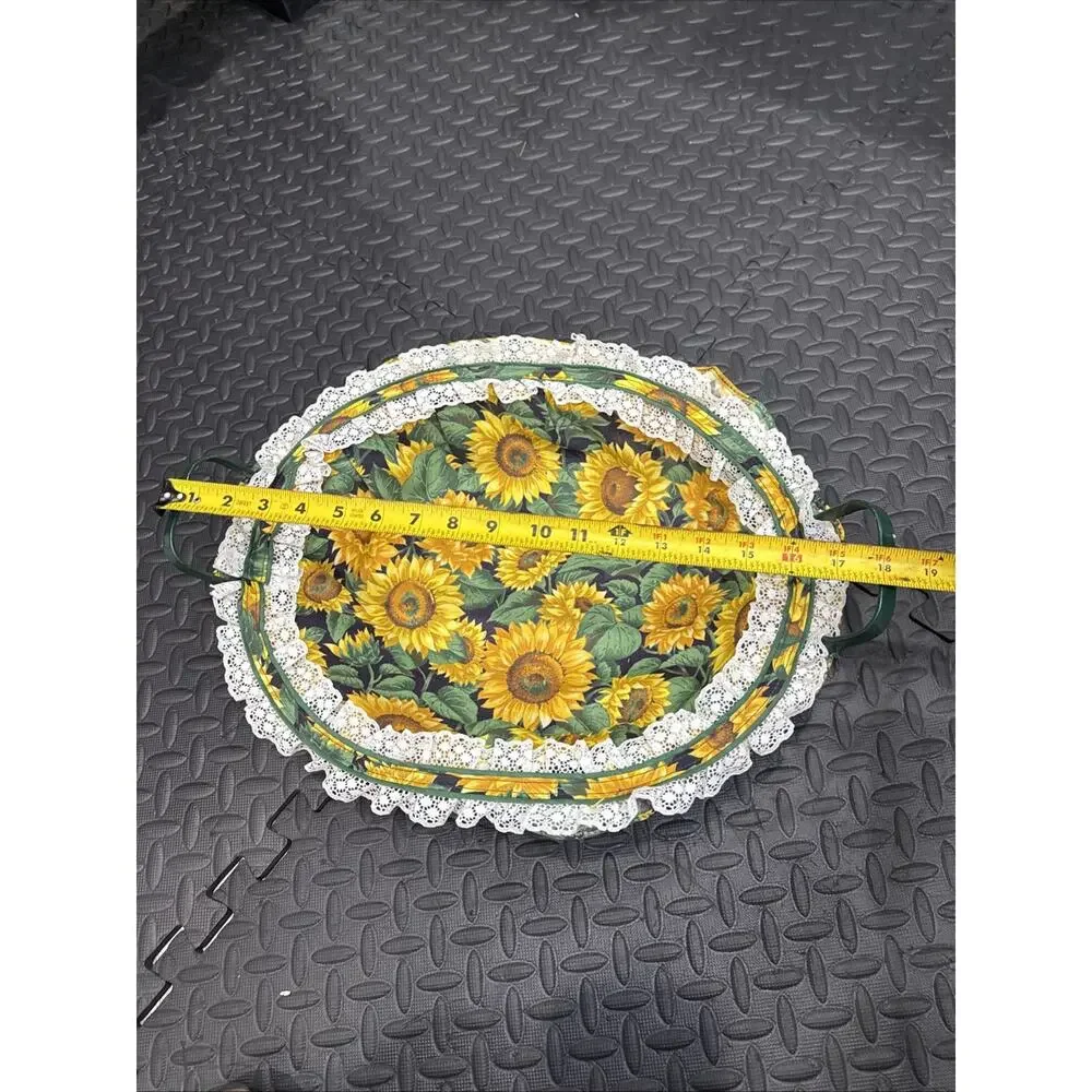 Vintage Fabric Lined Oval Tray With Sunflower Print & Lace Trim NEW *